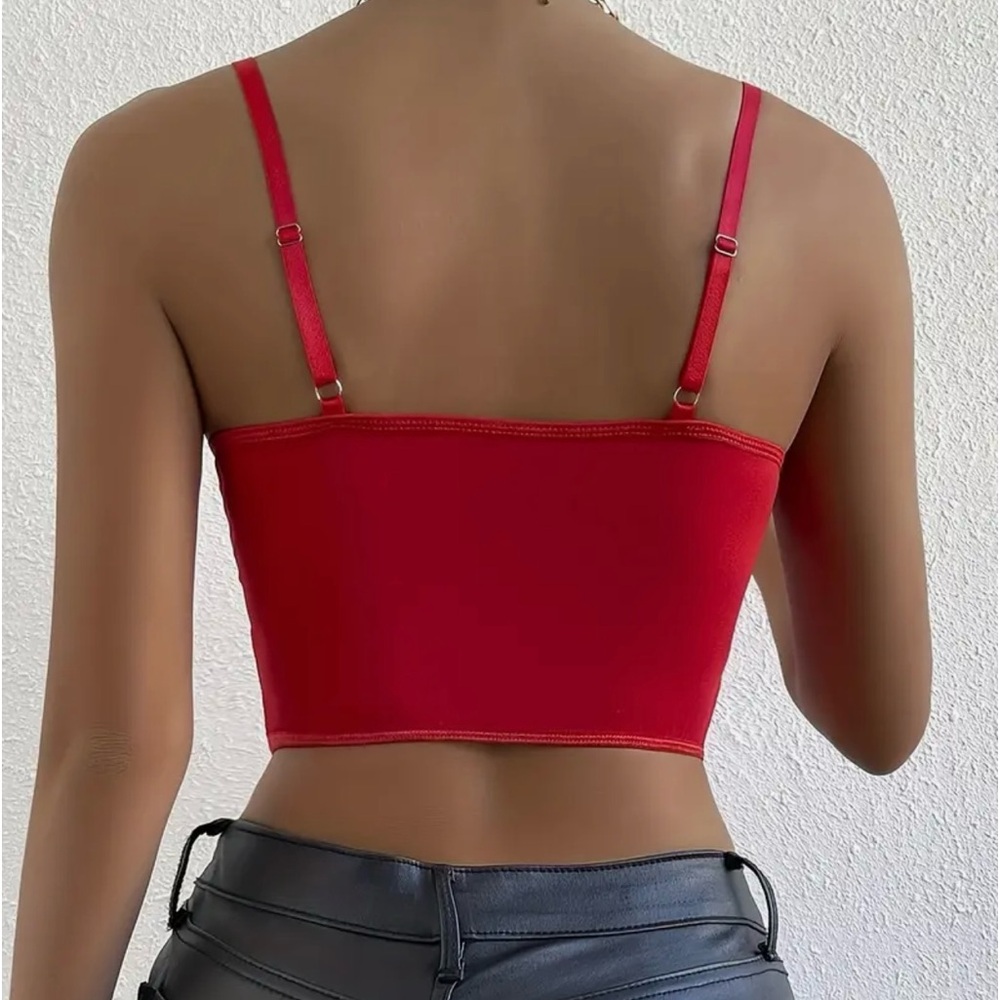 Red Lace Corset Sheer Crop Top Bralette - Picture 2 of 7